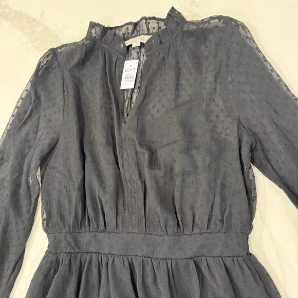 Loft NWT Clip Godet Mini Flare Dress Women’s 8 Black Ruffle Collar V-Neck Chic - Picture 3 of 10